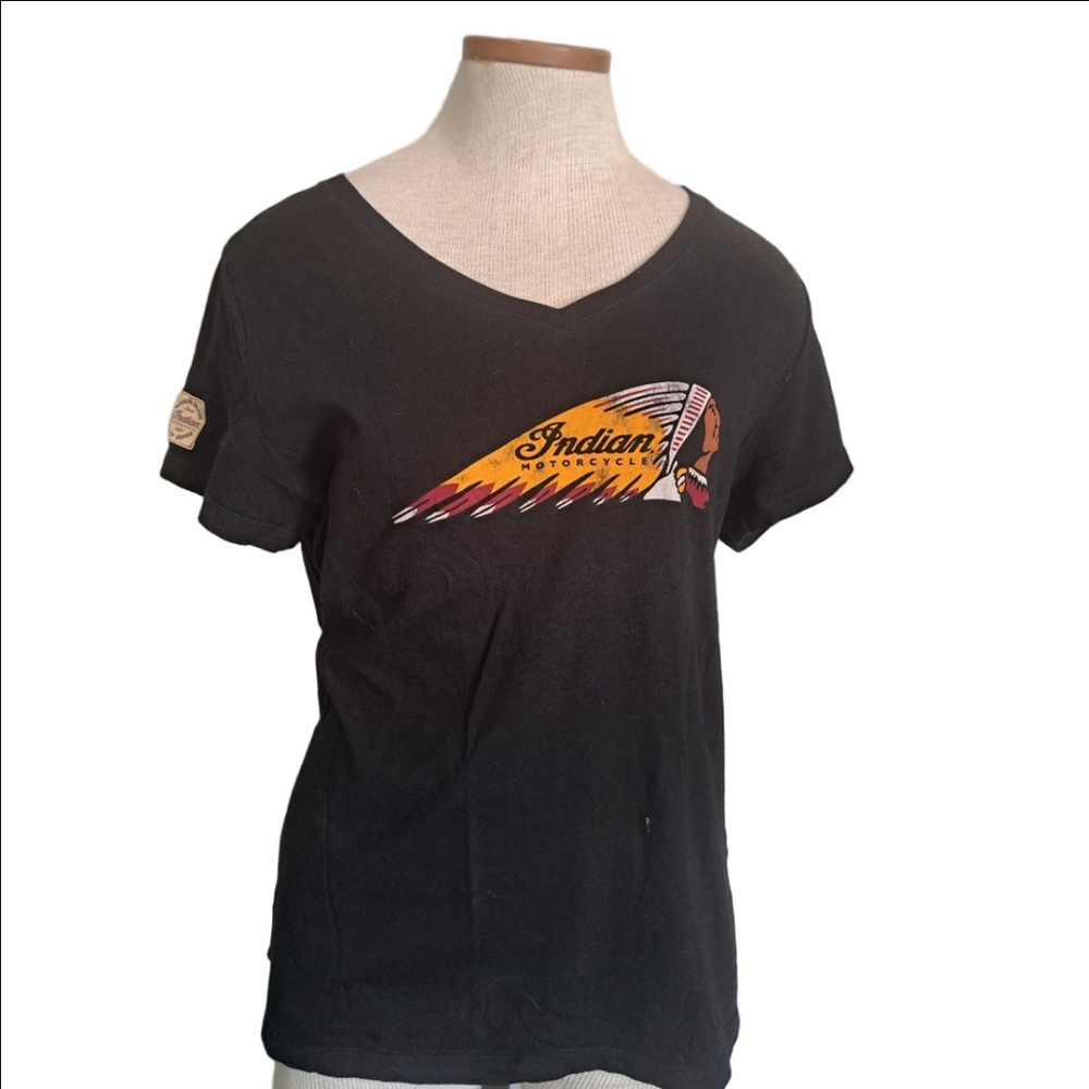 INDIAN MOTORCYCLES ladies V neck Tshirt TEE black screen print cotton coastal L